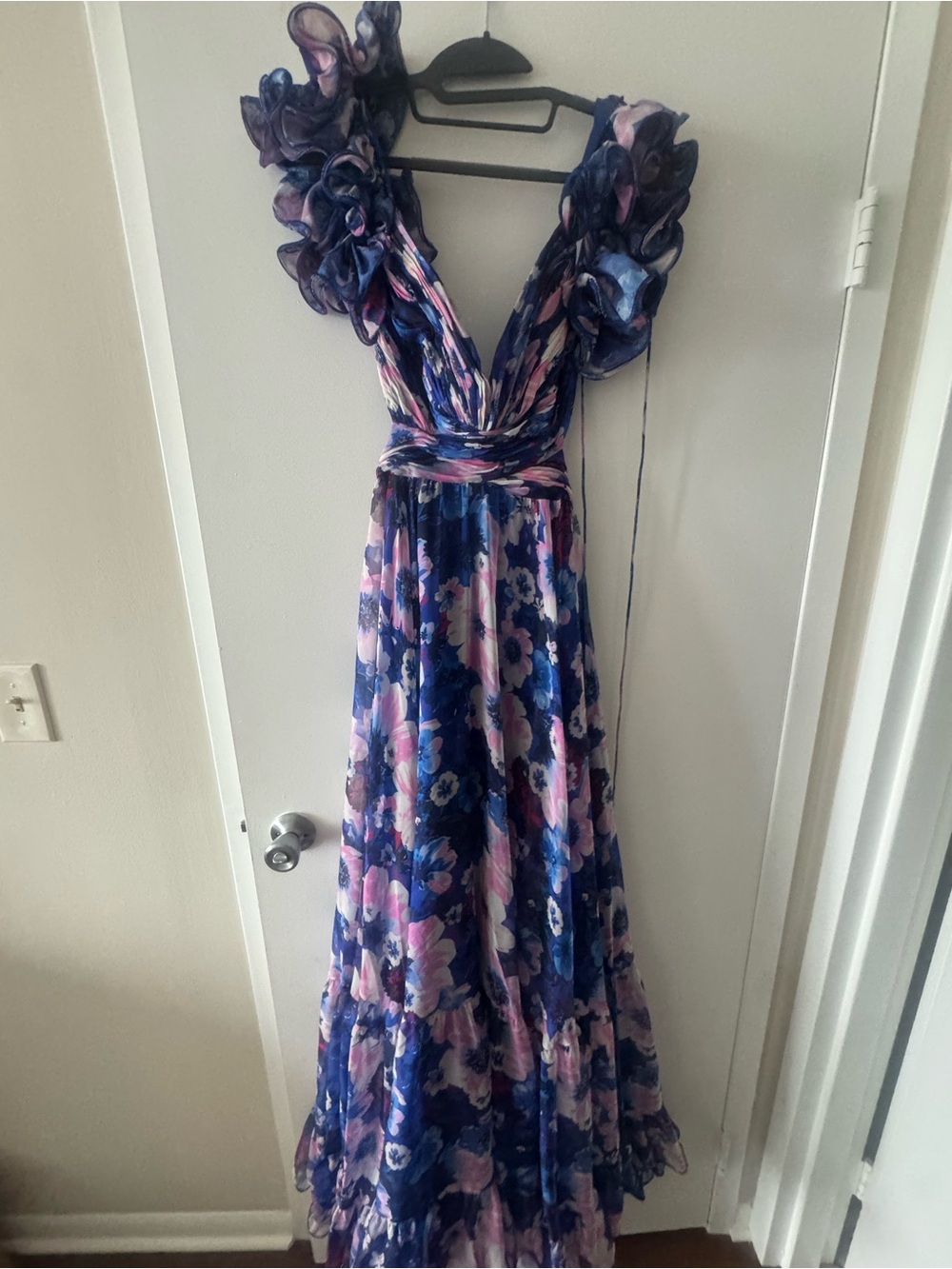 Mac Duggal Blue and Pink Floral V-Neck Ruffle Maxi Dress